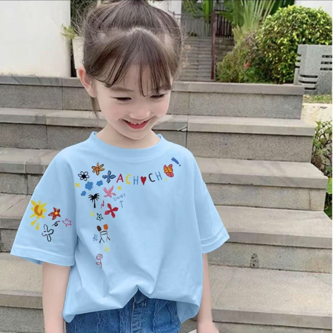 CE26022607女童純棉短袖夏季時尚兒童印花印花寬鬆百搭上衣中大童T卹半袖