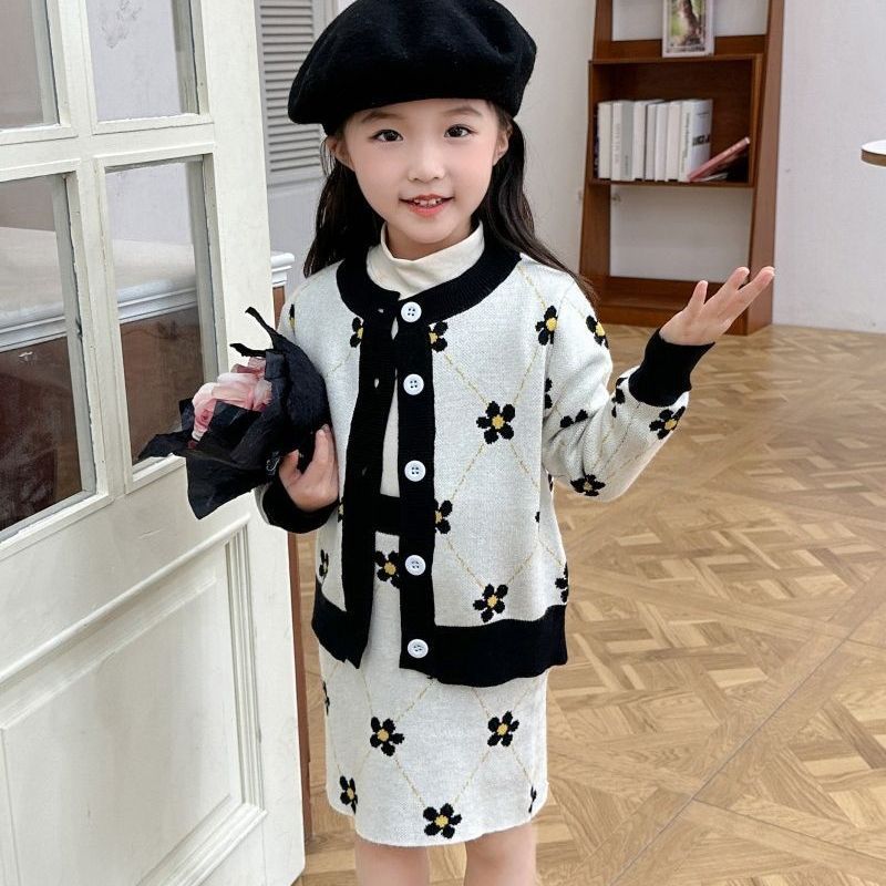 CF25091921兒童女童春秋2024套針織毛衣韓版運動開襟裙半身裙潮童裝寶寶