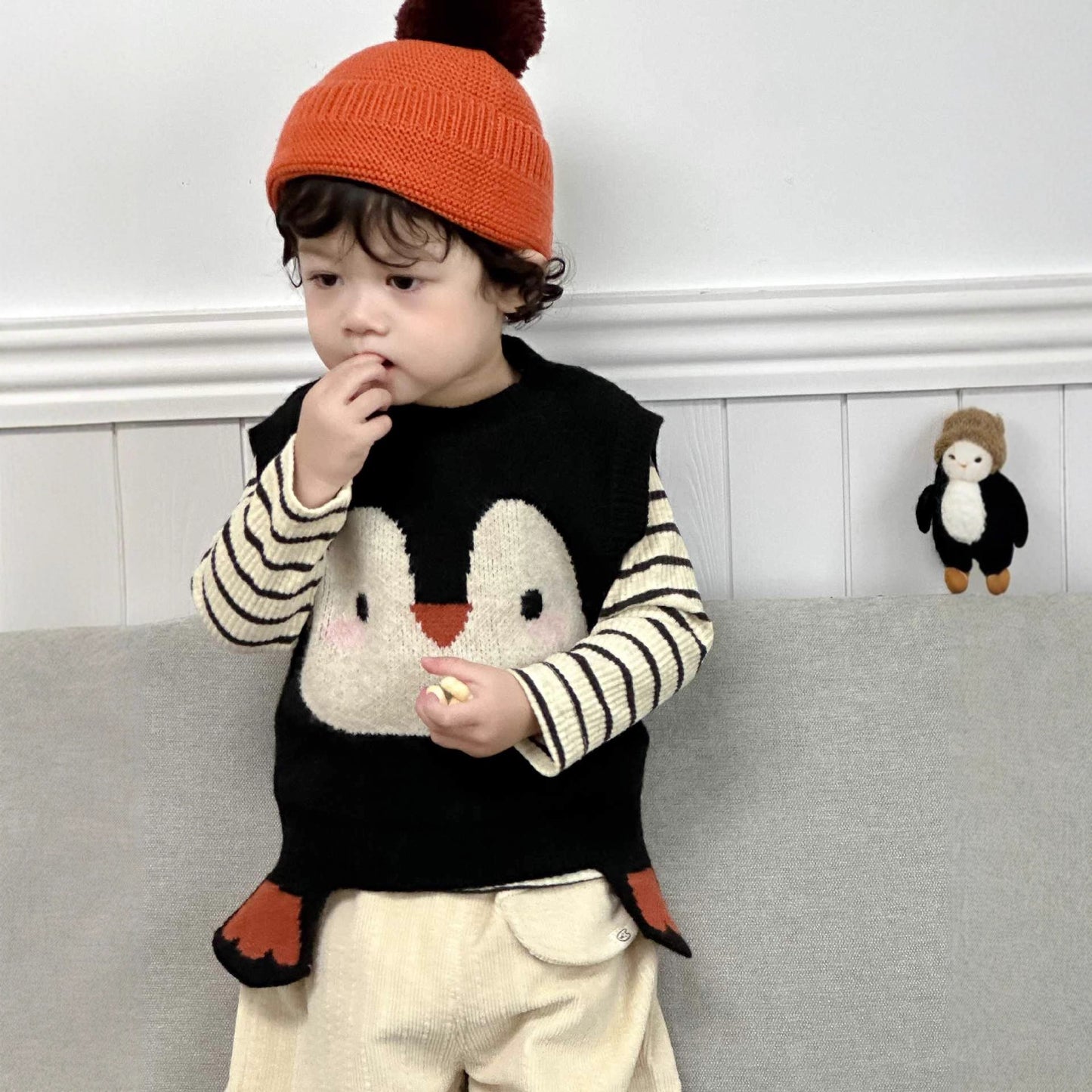 GN26012718寶寶企鵝針織背心2026春夏新款兒童服飾春裝韓版童裝男童條紋套裝