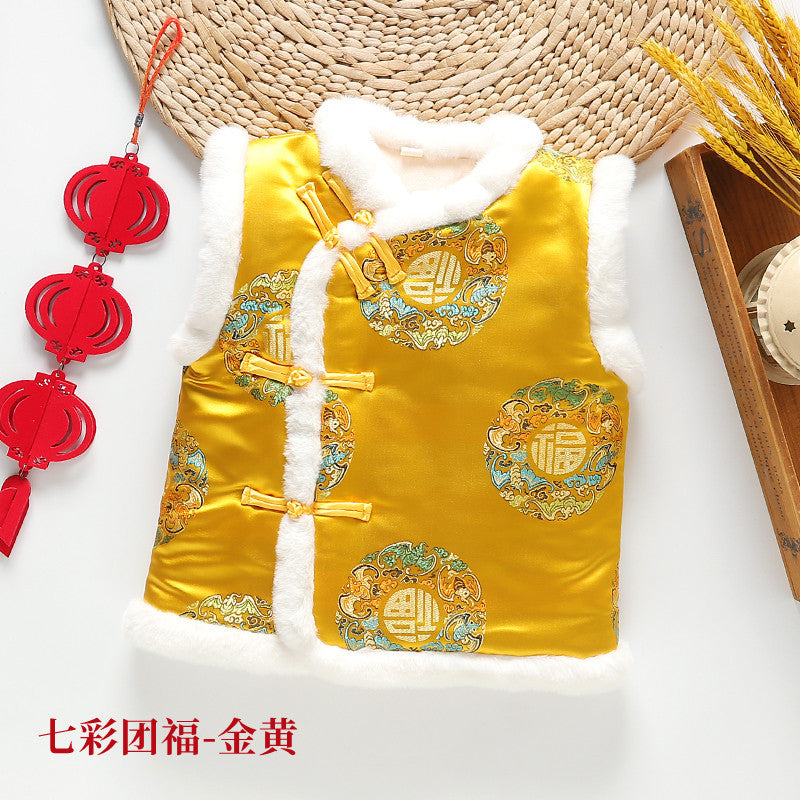 Z26010251中式年服兒童馬甲男女童加絨加厚背心喜慶新年裝唐裝