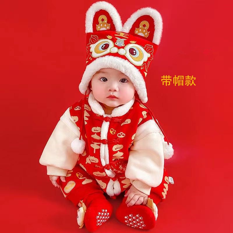 GM26010104嬰兒冬季加厚連身衣服寶寶滿月百天週歲禮服紅色喜慶拜年服棉服秋