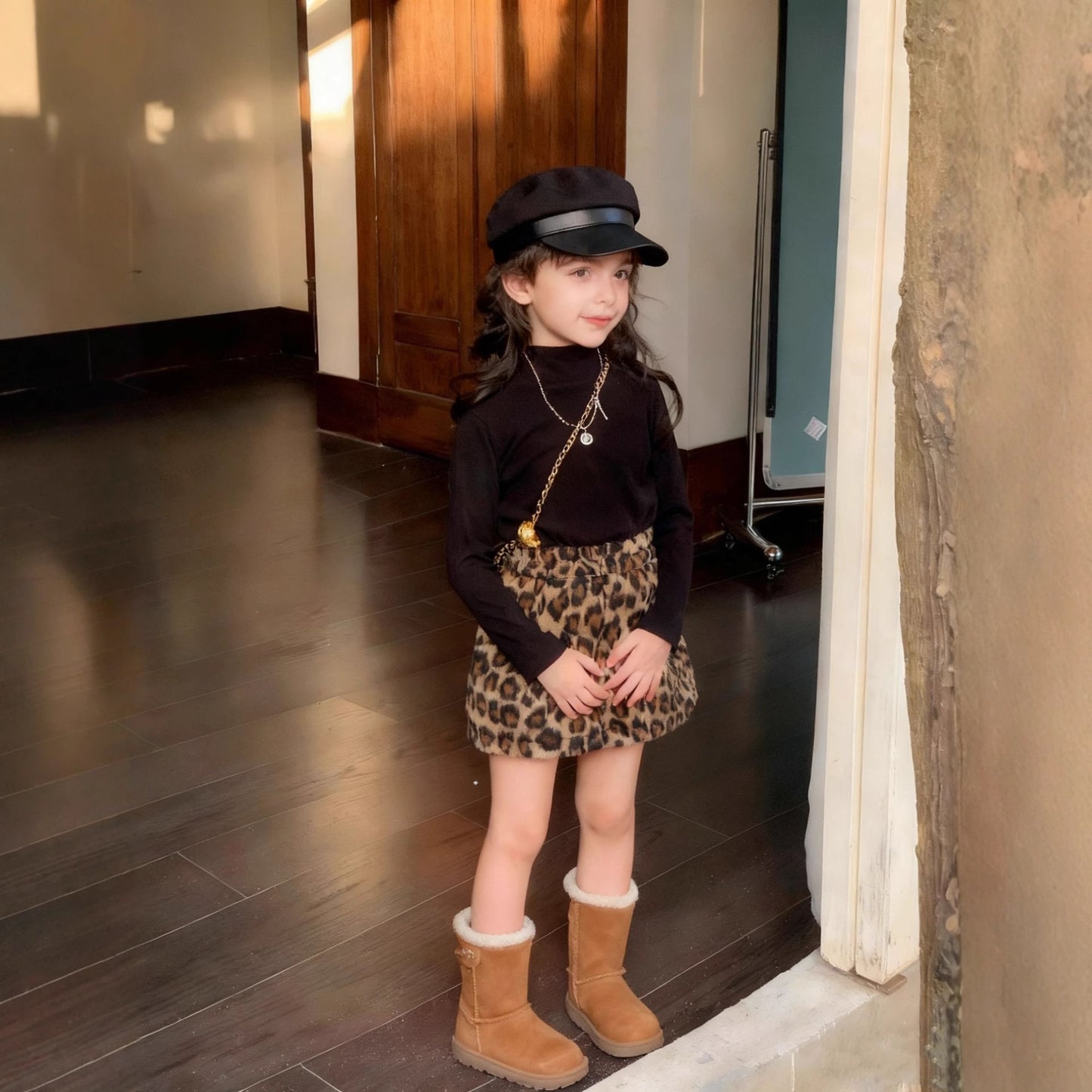 Z26010126女童半身裙2025秋冬新款韓版豹紋毛呢美式復古辣妹高腰短裙