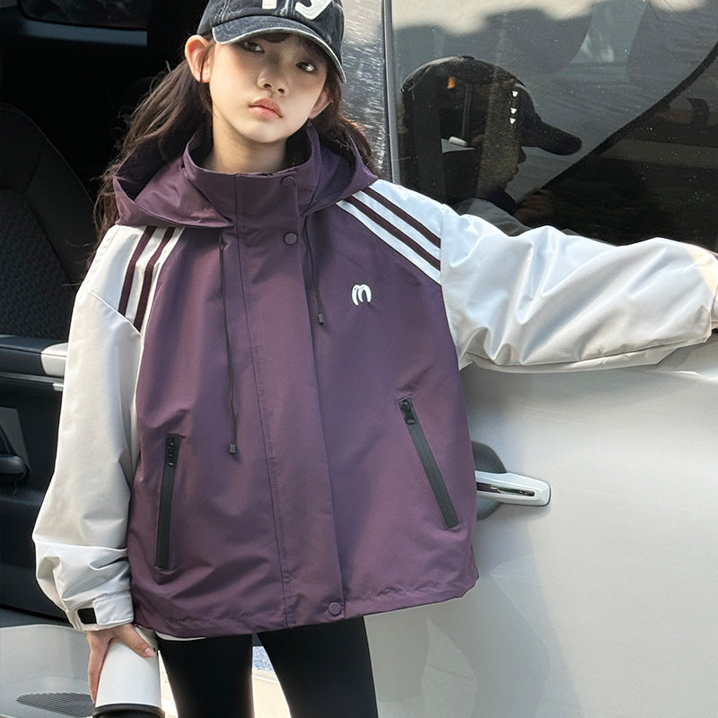 Z24110105女童衝鋒衣外套秋季2024新款兒童寬鬆撞色拼接戶外風童裝上衣百搭