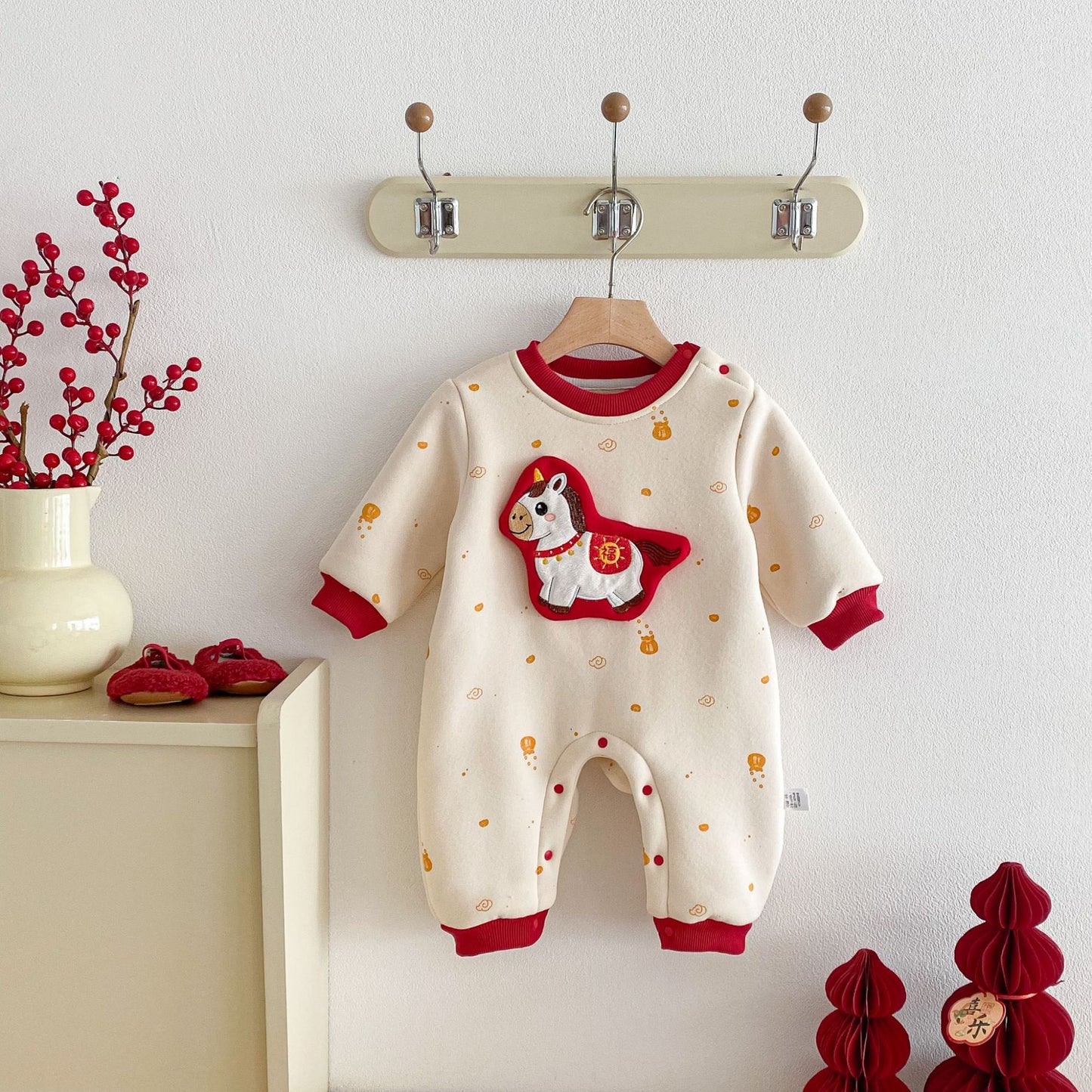 G26010114嬰兒拜年服冬裝長袖保暖男寶寶連身衣過年加絨嬰兒衣幼兒外出服