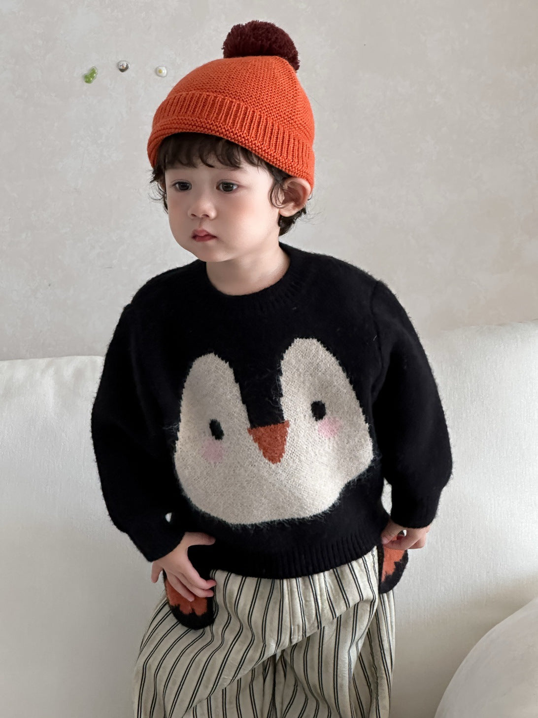 GN26012715兒童服飾秋冬款韓版童裝寶寶企鵝毛衣2025新男童加厚條紋褲套裝