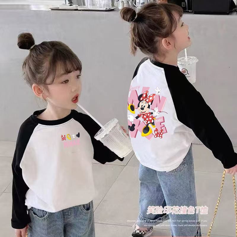 CE25091901女童長袖t卹春秋裝新款兒童撞色卡通洋氣女孩中大童打底上衣