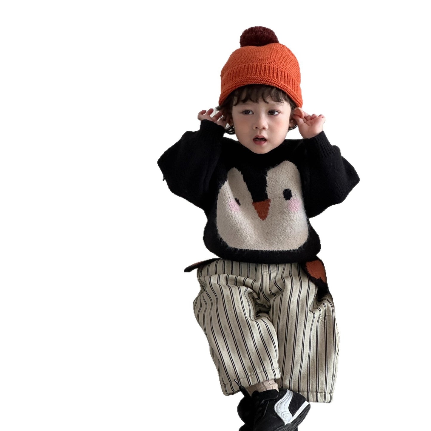 GN26012715兒童服飾秋冬款韓版童裝寶寶企鵝毛衣2025新男童加厚條紋褲套裝