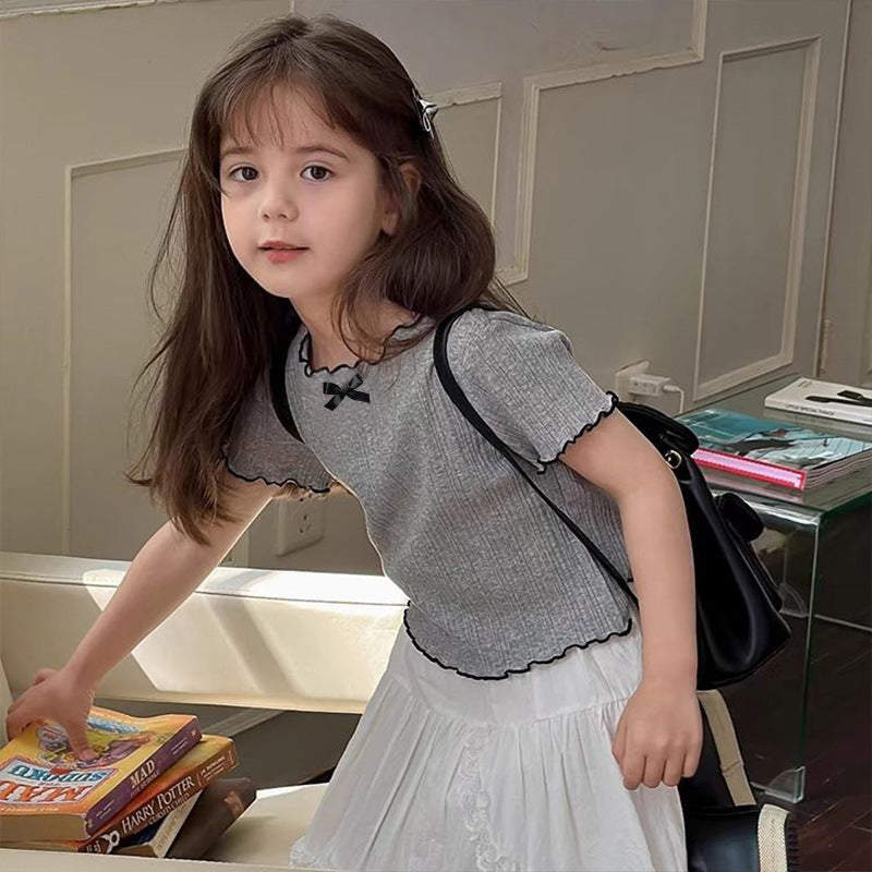 Z25030904女童韓版木耳邊短袖夏裝新款洋氣冰絲上衣涼感蝴蝶結百搭上衣T恤