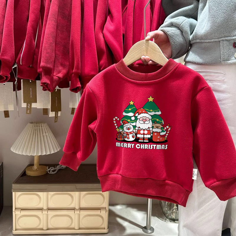 CA25112714加絨兒童裝圓領衛衣秋冬2025新款百搭喜紅色慶聖誕過年服保暖上衣
