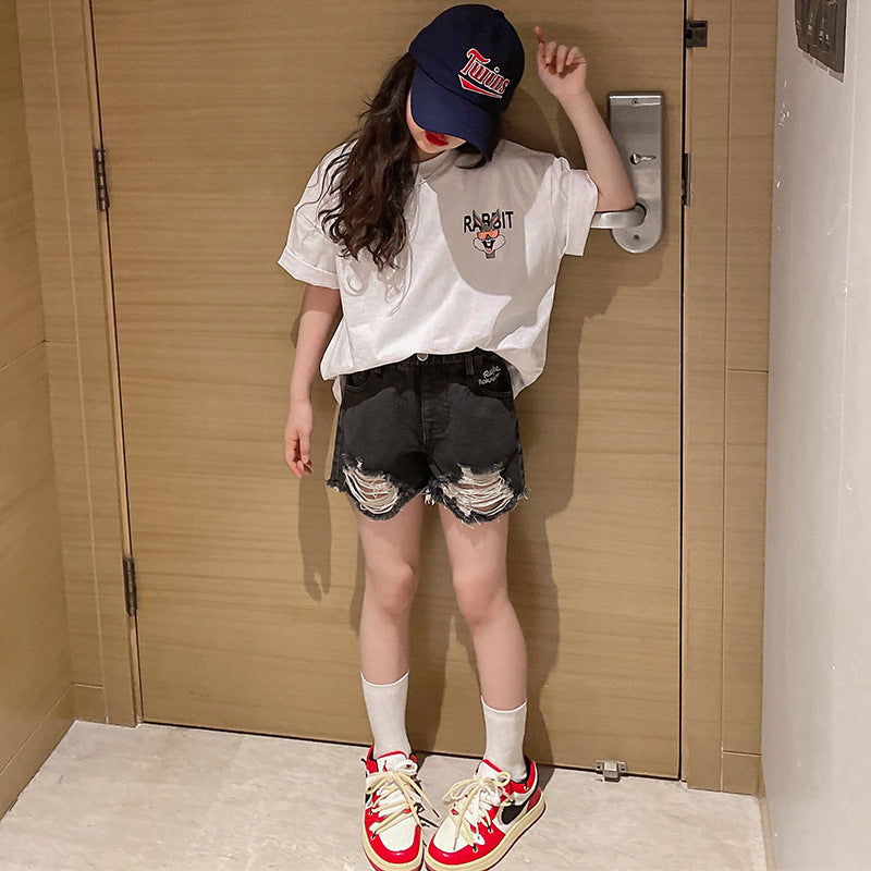 Z25030428女童短袖純棉洋氣兒童t恤女童夏季寬鬆前後印花半袖上衣童裝潮