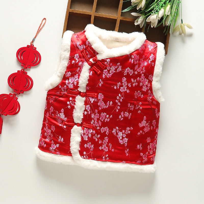 Z26010251中式年服兒童馬甲男女童加絨加厚背心喜慶新年裝唐裝