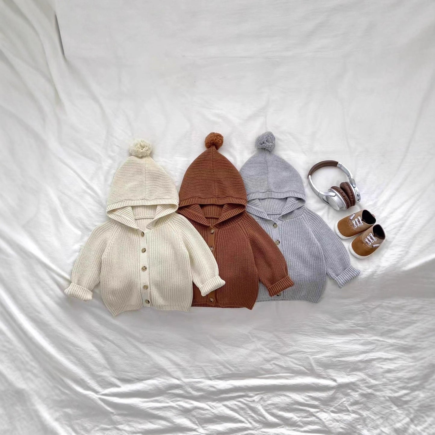 CF25091910ins韓版洋氣小新寶寶針織開襟衫嬰兒洋氣毛衣連帽衫球球