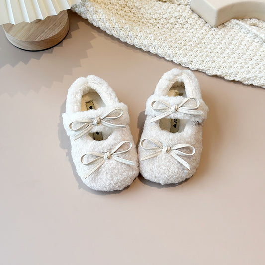 Z26010243女童棉鞋標誌外穿寶寶毛毛鞋新款加絨豆豆鞋蝴蝶結平底冬鞋保暖鞋