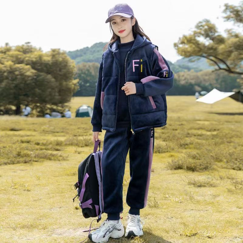 FG25112010女童加絨衛衣套裝秋冬裝時尚洋氣大童兒童冬季加厚三件式運動套