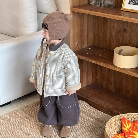 GN26012719兒童加厚格子棉裙2025秋冬新款小寶寶衣服韓版童裝男童加絨套裝