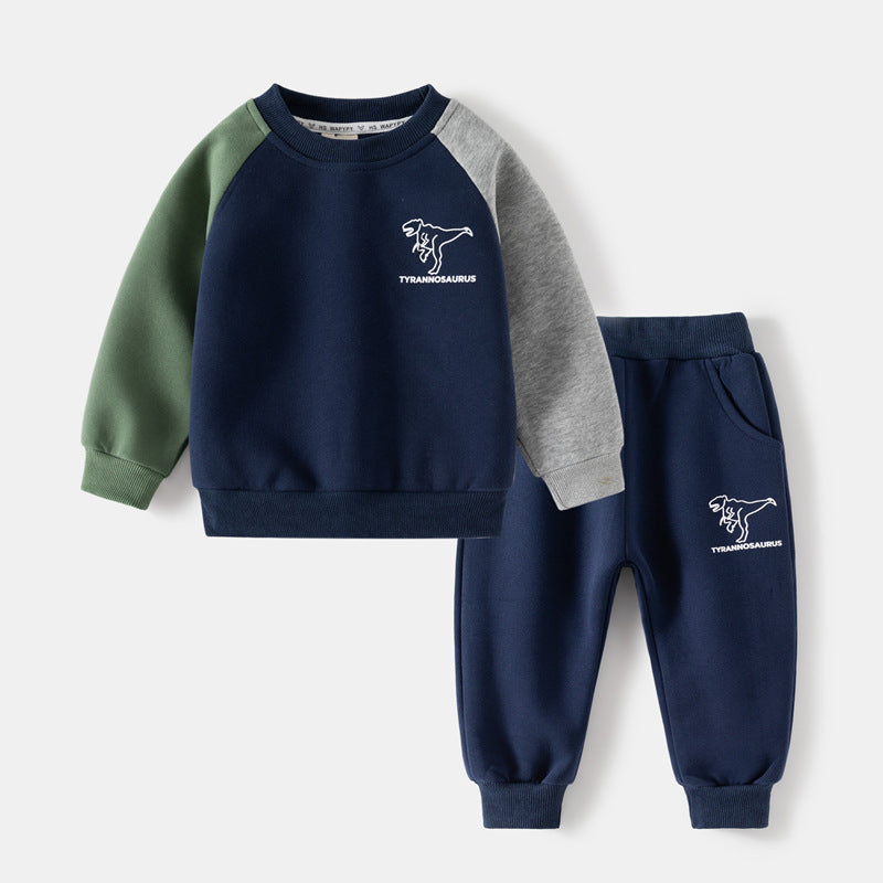 Z23112203男童套裝批發2023新兒童恐龍印花撞色長袖套裝寶寶運動2件套潮