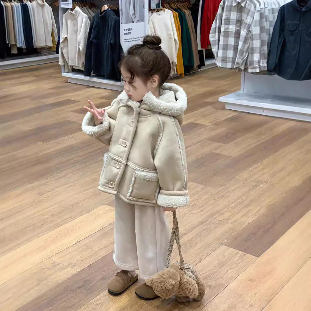 CG25103009女童冬款韓版加厚保暖麂皮絨毛一體連帽大衣羊羔毛內裡裙子