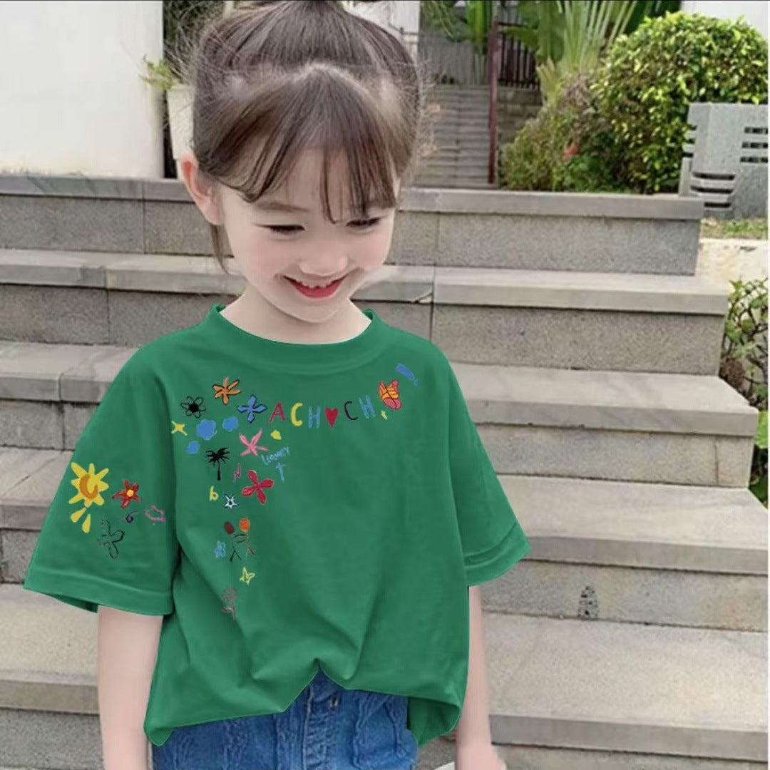 CE26022607女童純棉短袖夏季時尚兒童印花印花寬鬆百搭上衣中大童T卹半袖