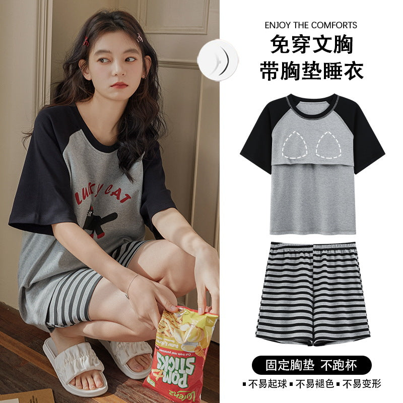 Z25040107自備胸墊睡衣女夏季純棉短袖簡約條紋可外穿學生家居服套裝