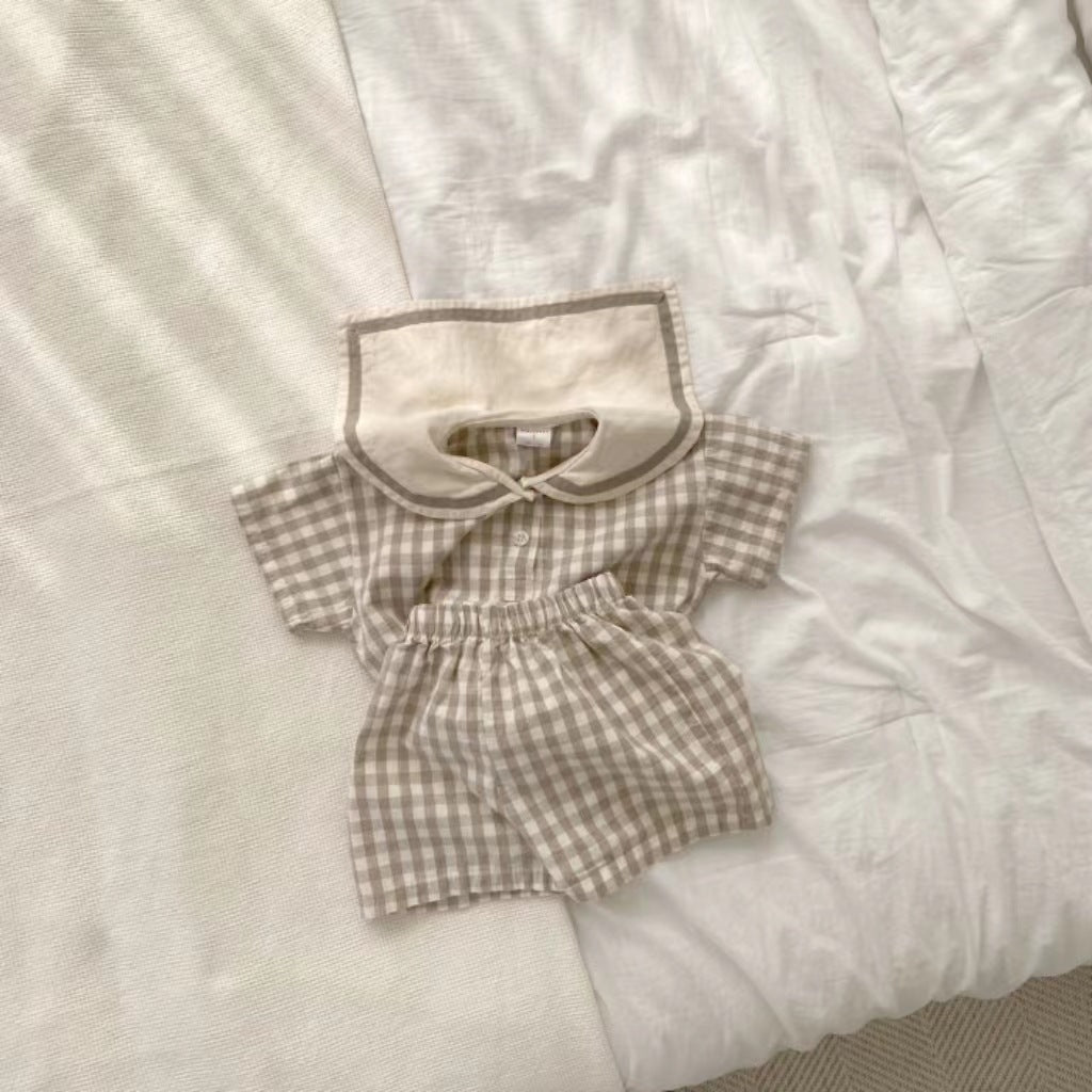 GB25032402韓版ins男女童海軍領格子短袖短褲褲清新休閒透氣翻領夏款套裝