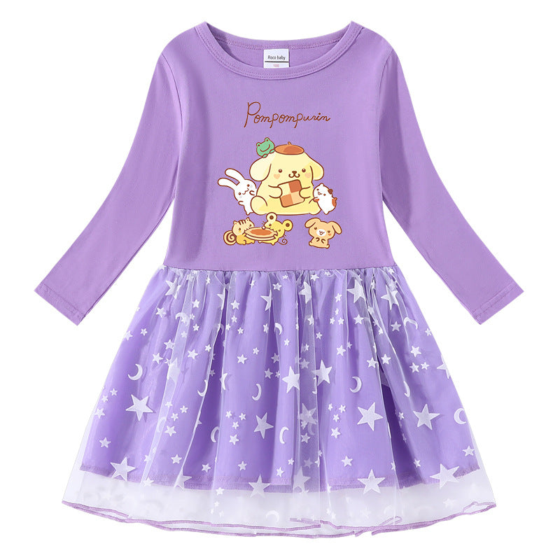 CI26041510韓版女兒童洋裝夏季女孩春秋長袖星星網紗百褶短袖公主裙