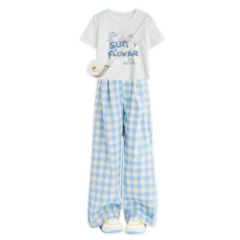 FM26042219多巴胺格子牛仔褲女童夏季2026新款休閒褲寬鬆童裝寬鬆風腿寬褲套裝