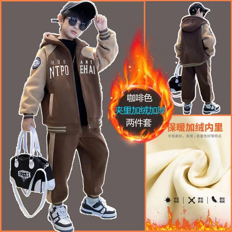 FG25112016兒童裝男童套裝加絨冬季2025新款中大童加厚裙子休閒長褲男孩冬裝