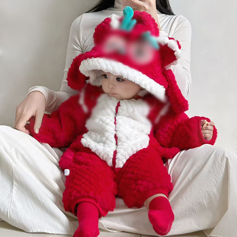 GM26010101寶寶冬季連身衣加絨加厚毛衣寶寶超喜紅色慶新年外穿爬爬服