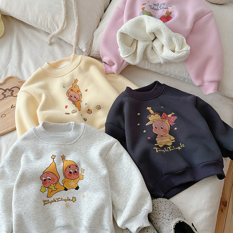 CA25112712韓版童裝2025冬季女孩卡通星星人加絨衛衣兒寶寶保暖長袖T卹