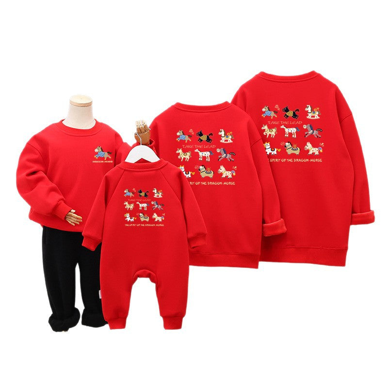 LA26011403秋冬加絨加厚紅色拜年親子裝衛衣一家三口四口母女全家裝