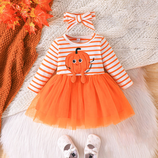 Z25091119跨國電商女嬰萬聖節款卡通南瓜印花橘白條紋長袖網紗