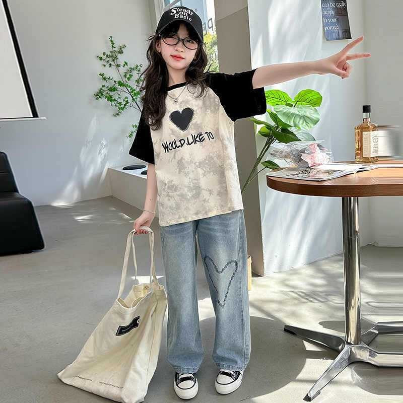 FO26062607童短袖T恤棉質夏裝學生印花紮染洋氣女孩中大童半袖上衣夏季潮中大童半袖上衣夏季潮