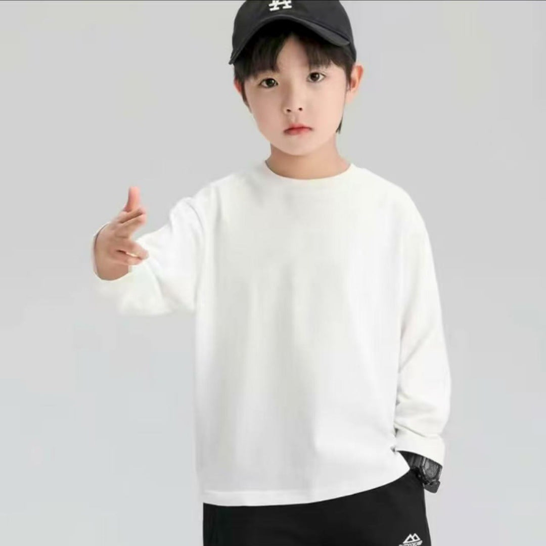 CE26090508男童純棉長袖T恤春秋韓版套頭兒童打底衫時尚印花白色圓領中大童