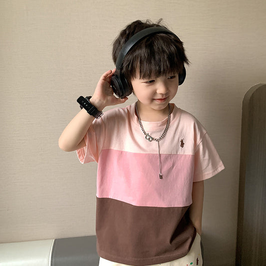 Z24031601男童夏季短袖T恤韓版兒童洋氣拼色圓領打底衫中大童少年半袖上衣
