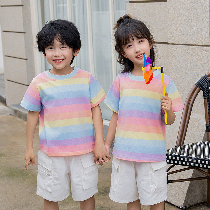 I26070707彩虹條紋袖T卹小清新糖果色純棉一家三口全家母女T恤短褲套裝