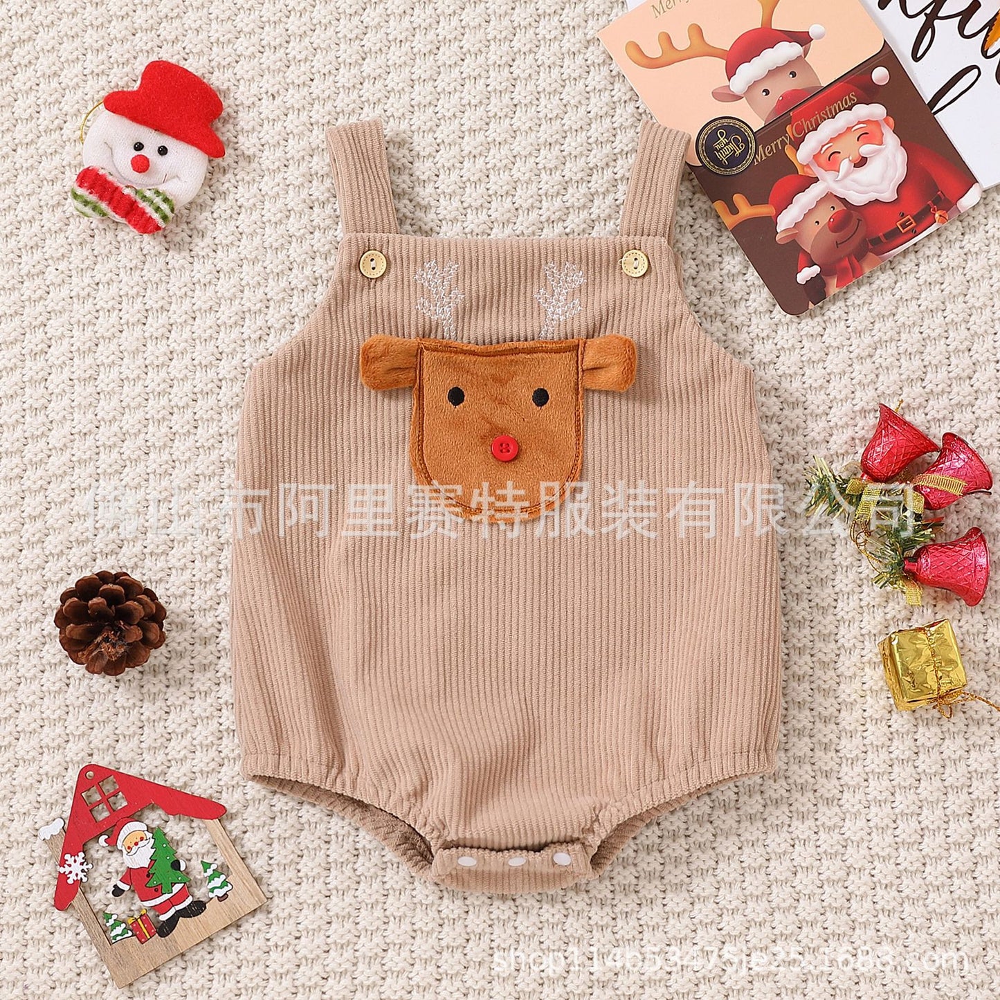 Z23111309嬰幼兒中性男女嬰童多色刺繡圖案聖誕老人，聖誕樹，吊帶肚兜(9-12天到貨)