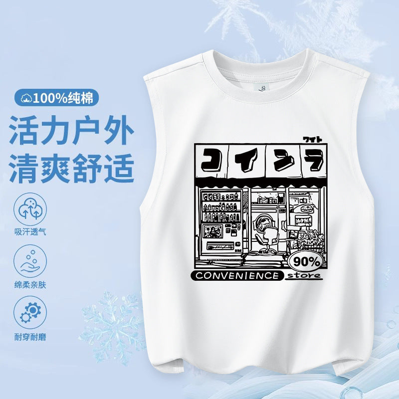 FN26052912男童純棉背心2026圓領套頭衫卡通印花夏季寬鬆兒童無袖上衣