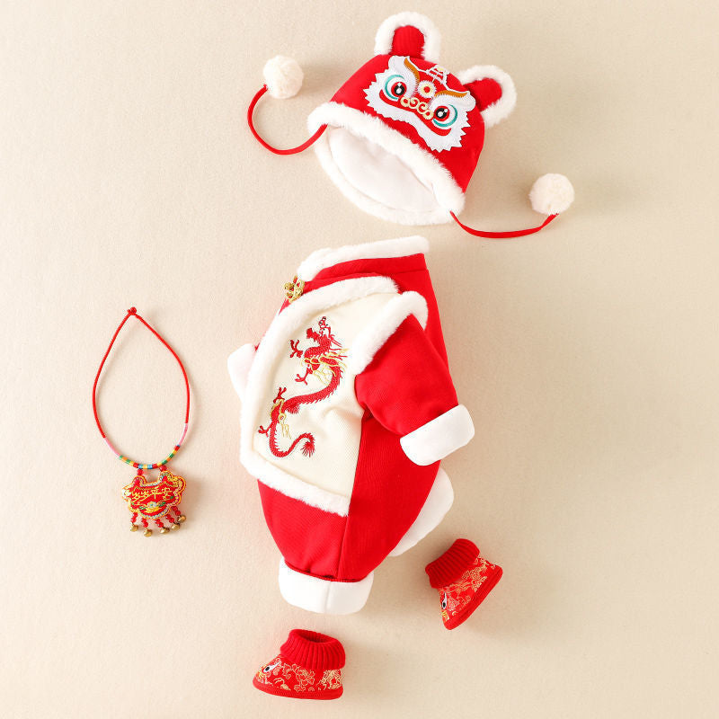 GM26010105嬰幼兒拜年服棉服連身衣服男寶寶百天過年哈衣冬季加厚戶外爬服