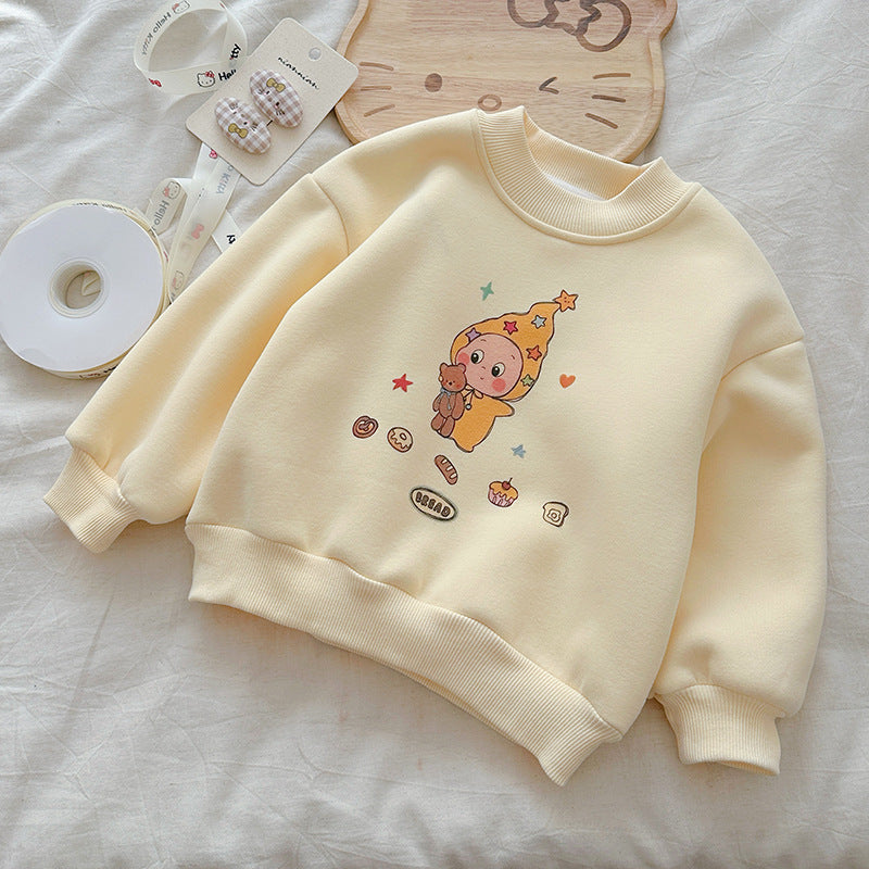 CA25112712韓版童裝2025冬季女孩卡通星星人加絨衛衣兒寶寶保暖長袖T卹