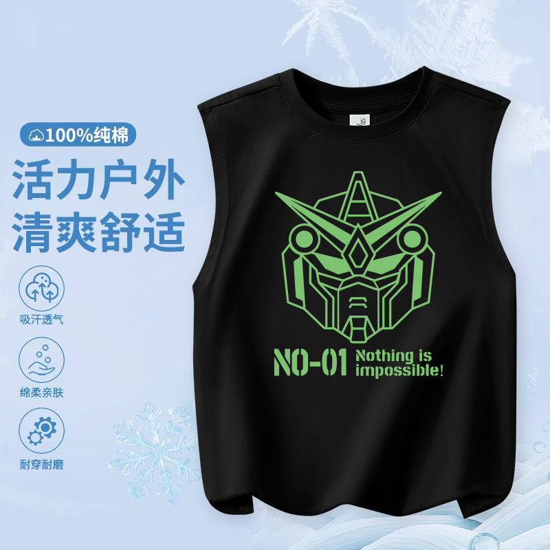 FN26052912男童純棉背心2026圓領套頭衫卡通印花夏季寬鬆兒童無袖上衣