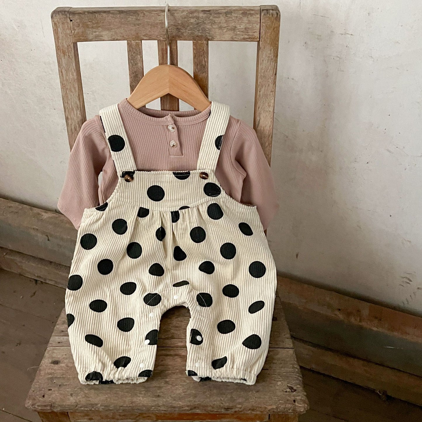 GF25081504  ins韓版女孩寶寶春季秋季純棉坑上衣圓點印花燈芯絨背帶長褲套裝