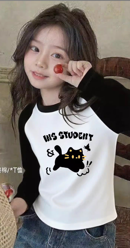 CE260905012女童時尚卡通拼色純棉長袖T恤秋季兒童休閒百搭印花打底衫上衣潮
