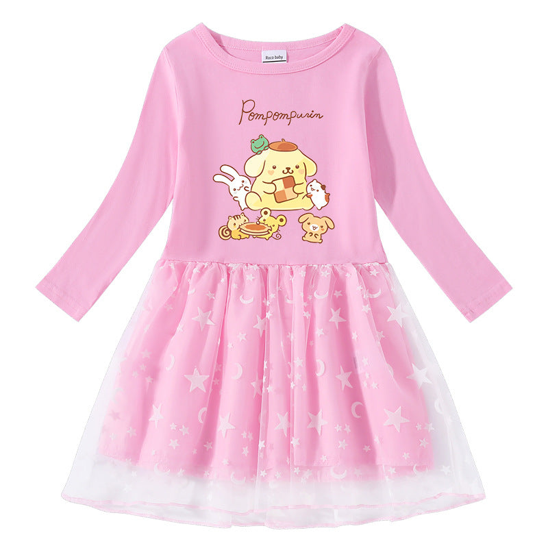 CI26041510韓版女兒童洋裝夏季女孩春秋長袖星星網紗百褶短袖公主裙