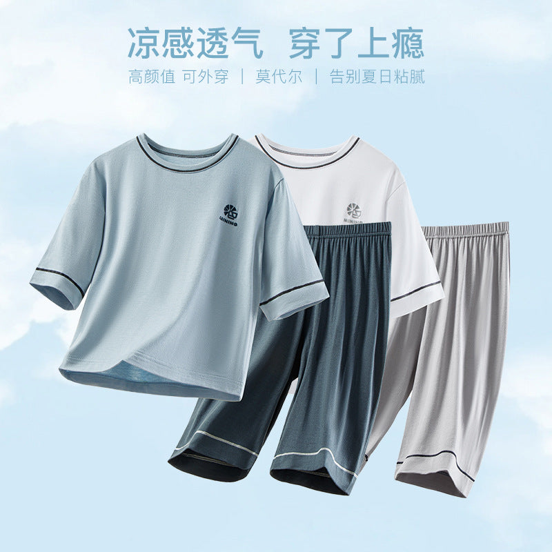 CK26050509兒童睡衣夏季男孩莫代爾五分袖套組大童冰絲空調服女童寶寶家居服(9-12天到貨)