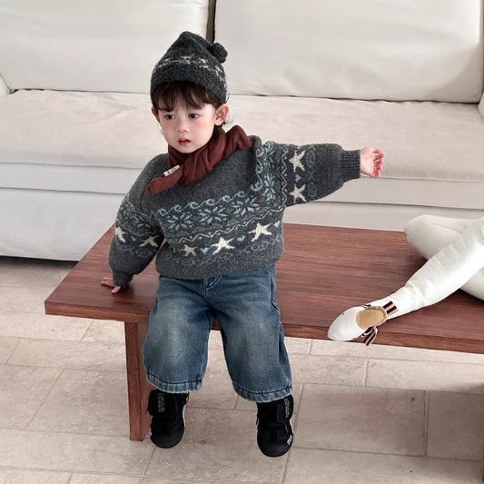 GN26012722兒童服飾冬季2025新款韓版童裝寶寶針織毛衣冬款男童加絨牛仔套裝