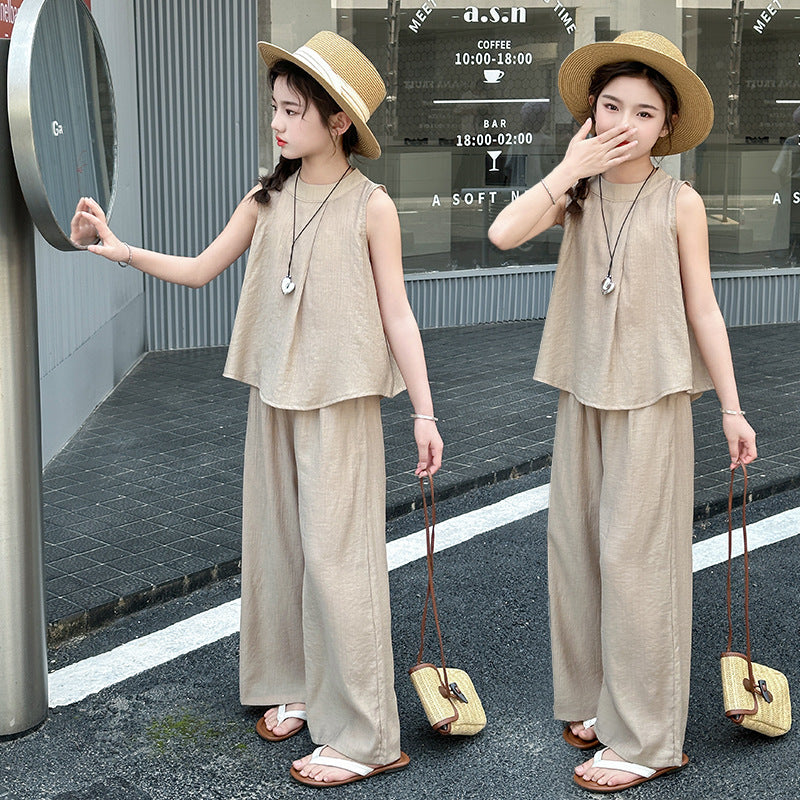 FM26042215女童夏裝國風套裝2026新款女孩新款中式無袖上衣休閒腿寬褲兩件套潮