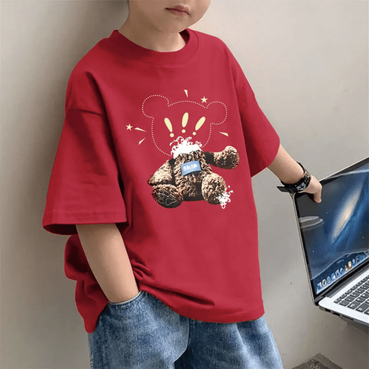 CE26022613兒童洋氣短袖T恤打底衫夏季時尚韓版男童純棉紅色半袖百搭中大童