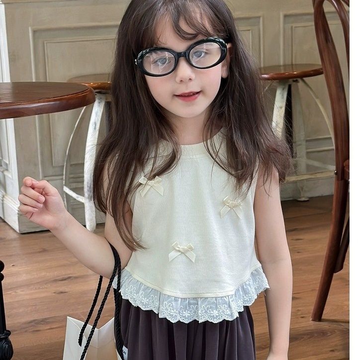 Z25030901女童蝴蝶結短小背心夏裝新款兒童甜美拼接蕾絲無袖T恤上衣潮