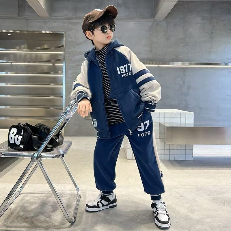 FG25112014男童雙面加絨加厚金絲絨套裝中大兒童拉鍊開襟衫運動休閒冬裝兩件套