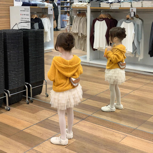 CG25103004春女童休閒軟糯黃色連衫+燈光風層半身蛋糕紗裙